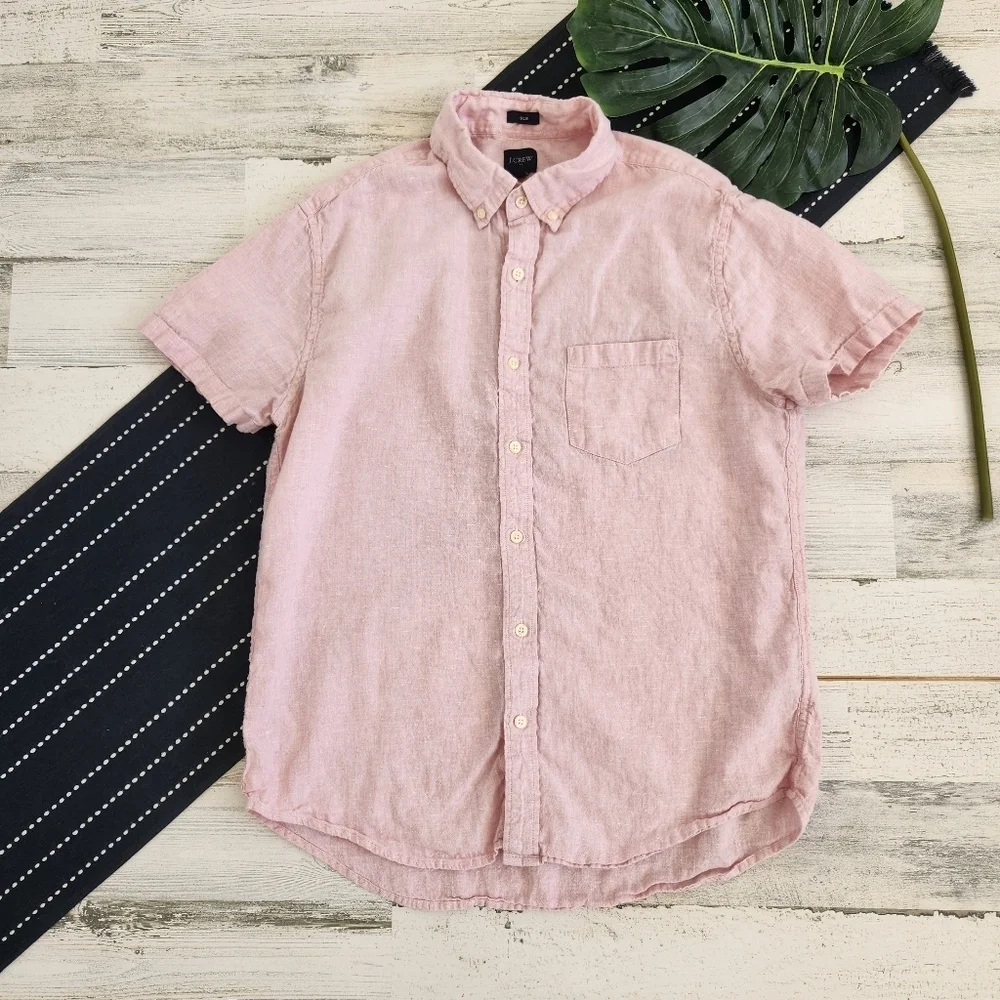 J.Crew Factory Short Sleeve Slim Linen Blend Shirt Pink Size Large